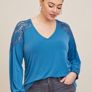 Torrid - Studio Knit Lace Shoulder Top in Midnight Blue​​​​​​​